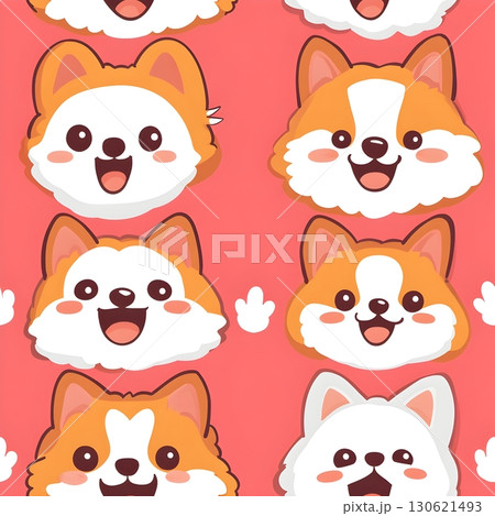Seamless kawaii dog pattern with smiling corgi and shiba faces on pink background. 130621493