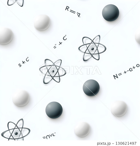 Seamless minimal science pattern with atom icons, math symbols, and 3D spheres on white. 130621497