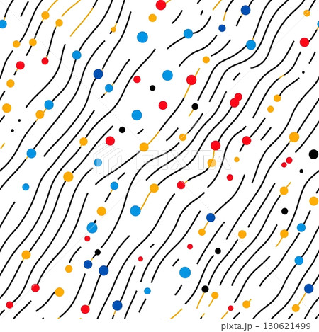 Abstract seamless pattern with wavy black lines and scattered red, blue, yellow dots on white. 130621499