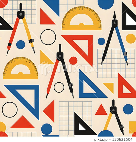 Seamless pattern with geometry tools: compass, protractor, set square, triangles, circles Seamless pattern with geometry tools: compass, protractor, set square, triangles, circles 130621504