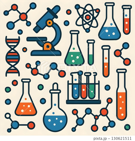 Flat pattern of science lab icons microscope, flasks, test tubes, DNA, molecules 130621511