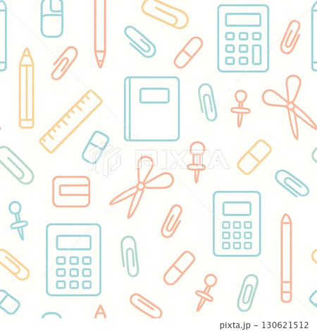 Seamless pattern of pastel line school stationery: pencils, rulers, notebooks, calculators, scissors 130621512