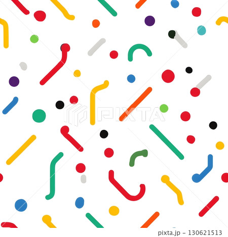 Abstract Memphis confetti pattern with colorful dots and curved lines on white. 130621513