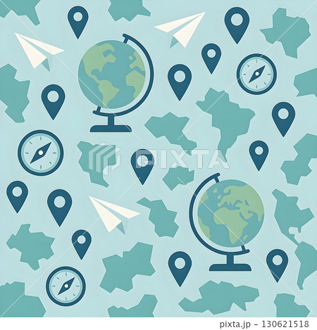 Seamless pattern with globes, compasses, markers and paper airplanes on a blue background. 130621518