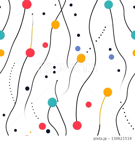 Abstract pattern with wavy black lines, colored circles and dots on a white background. 130621519