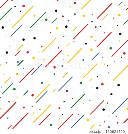 Diagonal abstract pattern of multicolored lines and dots on a white background. 130621520