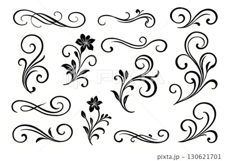 A collection of black flourish elements with floral motifs. 130621701