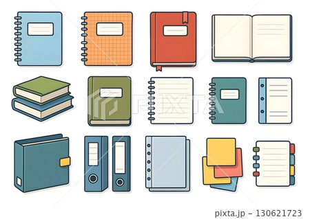 Illustration featuring various types of notebooks and binders, showcasing styles and colors. 130621723
