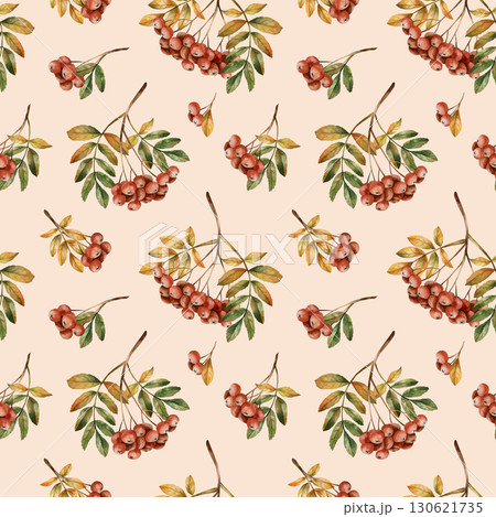 Rowan branch with ripe red berries and leaves. Autumn floral seamless pattern on beige background. Watercolor hand drawn illustration for fall design, home textile, wrapping paper, wallpaper, fabric 130621735