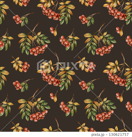 Rowanberry branch with leaves. Autumn floral seamless pattern on dark black background. Watercolor hand drawn illustration for fall design, home textile, wrapping paper, wallpaper, fabric 130621757