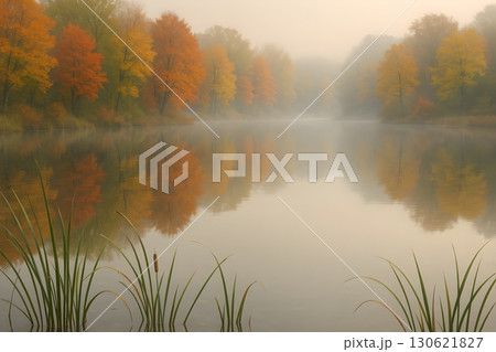 Misty autumn lake at dawn with colorful trees reflected in calm water. 130621827
