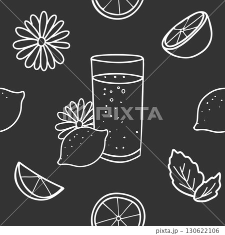 Lemonade seamless vector pattern with glass of drink, lemon, mint and daisy flower. Hand drawn Black and white Doodle illustration, white line on a black background. For paper, menu, wall art prints. 130622106
