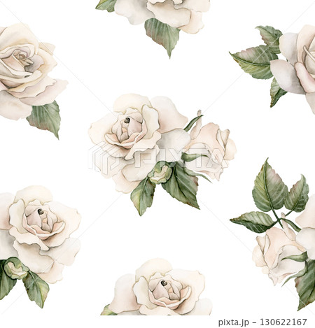 White Roses with leaves Watercolor hand painted Victorian floral seamless pattern on white background rustic garden flowers for wedding design home textile fabric crockery table cloth wrapping paper White Roses with leaves Watercolor hand painted Victorian floral seamless pattern on white background rustic garden flowers for wedding design home textile fabric crockery table cloth wrapping paper 130622167