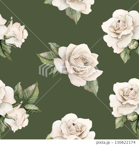 White Roses with leaves Watercolor hand painted Victorian floral seamless pattern on green background rustic garden flowers for wedding design home textile fabric crockery table cloth wrapping paper White Roses with leaves Watercolor hand painted Victorian floral seamless pattern on green background rustic garden flowers for wedding design home textile fabric crockery table cloth wrapping paper 130622174