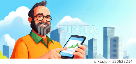 digital marketer smiling while using smartphone to analyze data in cityscape. vibrant background adds positive vibe 130622214