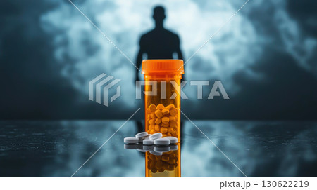 bottle of prescription medication sits reflective surface, with white pills scattered nearby, evoking sense of contemplation 130622219