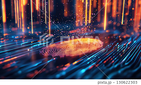 mesmerizing glowing fingerprint surrounded by vibrant light trails and particles, creating captivating digital atmosphere 130622303