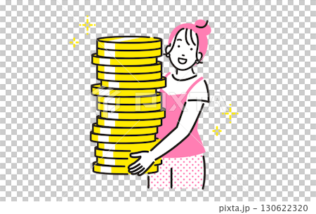 年輕女子手持堆疊硬幣 130622320