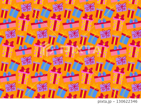 Seamless pattern in retro cartoon style in orange background. Party decor with colorful gift boxes of different shapes with bows. Parties, gifts, greetings, bithday, festival, carnival, holiday, ect. 130622346