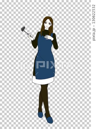 お玉 を持つ 紺色の エプロン姿の オシャレ で 強そうな 女性 お玉 を持つ 紺色の エプロン姿の オシャレ で 強そうな 女性 130622532