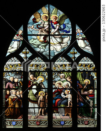 St. John the Baptist introduced by his mother, St. Elizabeth, the Infant Jesus and the Holy Kinship (The Virgin, St. Joseph and St. Anne), stained glass, Saint Severin church, Paris, France 130622663
