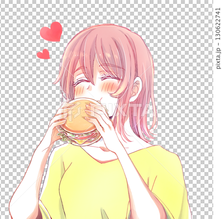 A chubby woman happily munching on a hamburger A chubby woman happily munching on a hamburger 130622741