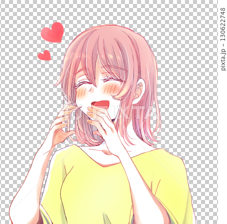 一個胖女人高興地把東西塞進嘴裡，張開嘴 130622748