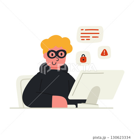 Vector cartoon illustration of a hacker character. Cybersecurity, hacking, and digital crime concept. 130623334