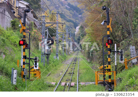 近鉄　西信貴鋼索線　ケーブルカー 8 しょううん　が引き揚げられている鋼索線 130623354