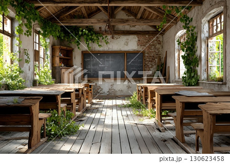 Old wooden classroom with overgrown vines and weathered desks, abandoned room Old wooden classroom with overgrown vines and weathered desks, abandoned room 130623458