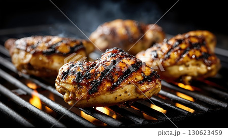 Grilled chicken thighs with smoky char marks over open fire flames, barbecue and food concept 130623459