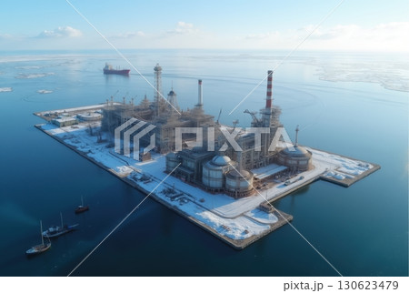 Remote offshore oil and gas platform in icy sea waters with cargo ships under clear blue sky Remote offshore oil and gas platform in icy sea waters with cargo ships under clear blue sky 130623479
