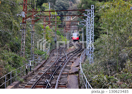 近鉄　西信貴鋼索線　ケーブルカー7 ずいうん　が降ろされてくる鋼索線　の離合線 130623485