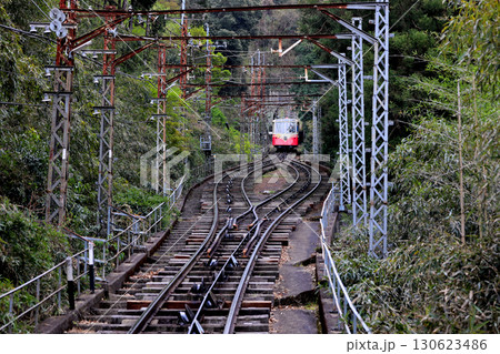 近鉄　西信貴鋼索線　ケーブルカー7 ずいうん　が降ろされてくる鋼索線　の離合線 130623486