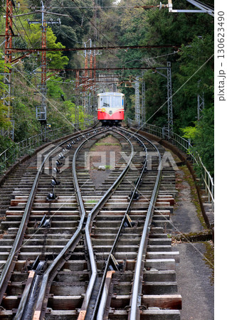 近鉄　西信貴鋼索線　ケーブルカー7 ずいうん　が降ろされてくる鋼索線　の離合線 130623490