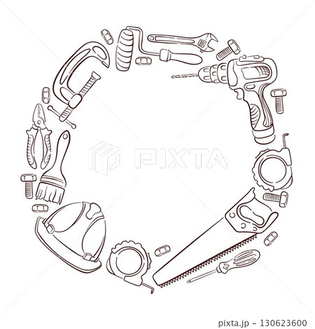 Repair hand tool and construction equipment arranged in a circular frame on a white background in line art style. Repair hand tool and construction equipment arranged in a circular frame on a white background in line art style. 130623600