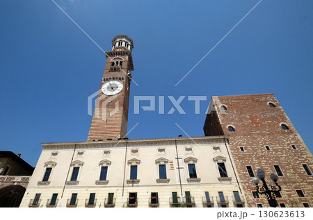 Torre dei Lamberti - medieval tower of the Lamberti XI century - 84 m. Piazza delle Erbe, UNESCO world heritage site  in Verona, Italy 130623613