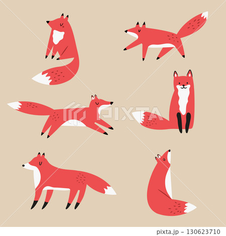 Cute Red Fox Illustration Set. Minimal Scandinavian Animal Vector illustration 130623710