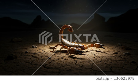 Scorpion Highlighted at Night in Desert Setting with Dramatic Lighting Effect	 130623979