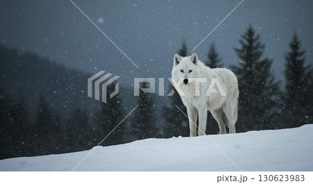 Majestic White Wolf in Snowy Forest Landscape During Winter	 130623983