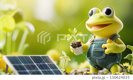 Smiling frog in recycled fabric overalls holds a small seedling next to a solar panel with lime-to-jade gradient background 130624035