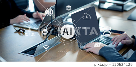 ビジネスシーン、生成AIを活用したデジタルワークフロー、クラウド、DX、デジタルネットワークイメージ 130624129