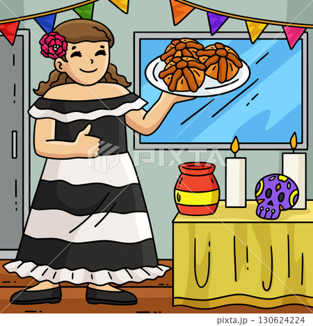 Dia de los Muertos Mom with Pan De Muerto Colored  130624224