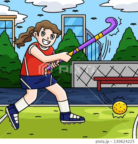 Field Hockey Female Player Hitting Ball Colored  130624225