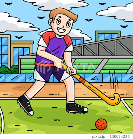 Field Hockey Male Player Ready Hit Ball Colored  130624226