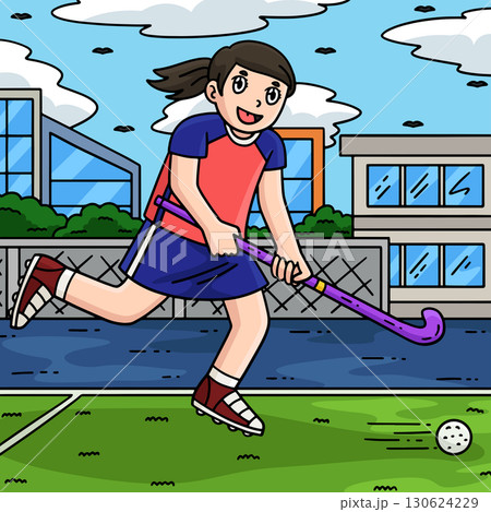 Field Hockey Female Player Chasing Ball Colored  130624229