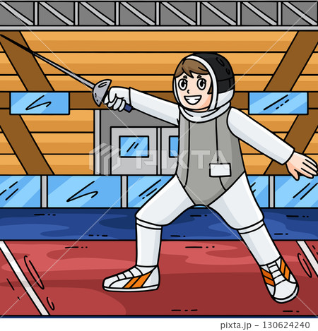 Fencing Male Fencer Lunging Colored Cartoon Fencing Male Fencer Lunging Colored Cartoon 130624240