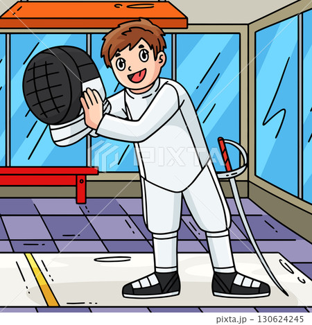 Fencing Male Fencer Putting a Mask Colored Cartoon 130624245