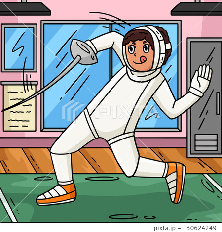 Fencing Male Fencer Disengaging Colored Cartoon  130624249