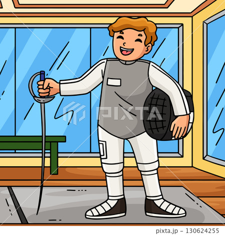 Fencing Male Fencer with Sabre and Helmet Colored  130624255